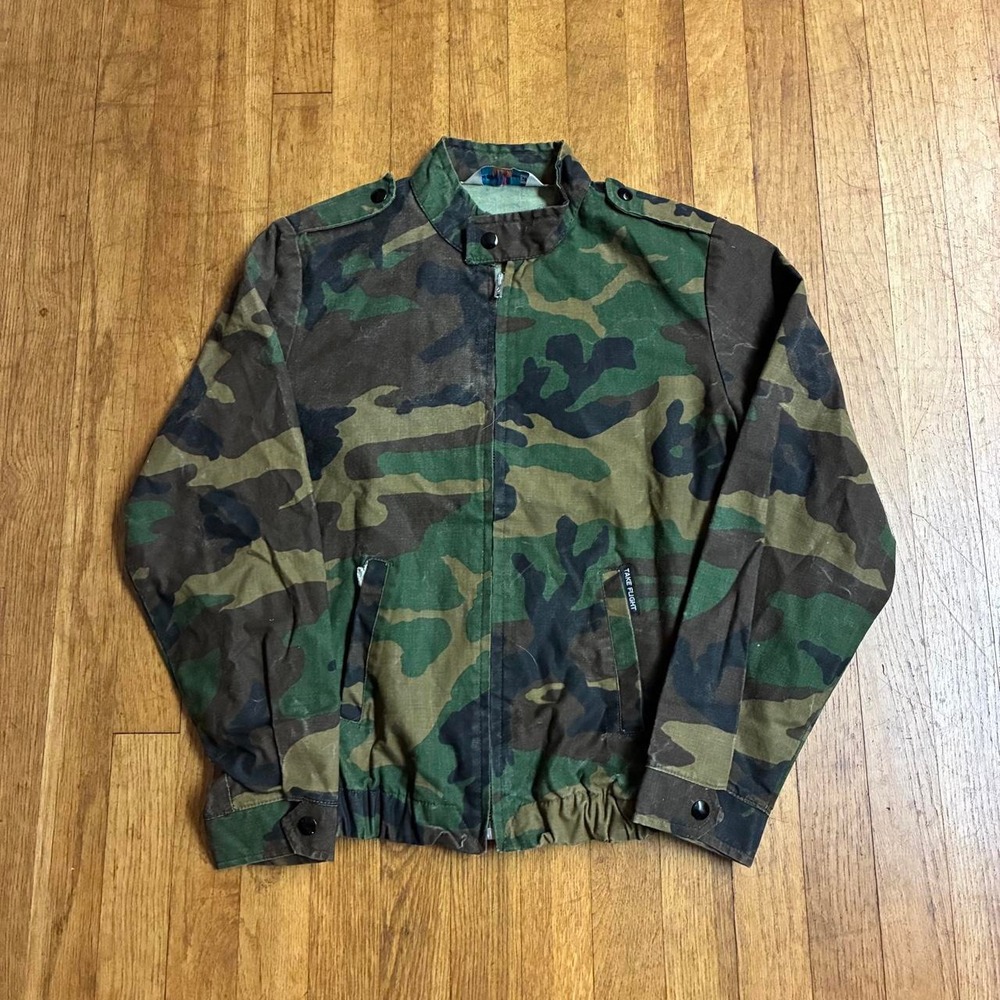 Vintage Take Flight Made in USA Woodland Camo Military Bomber Jacket Mens 21x24